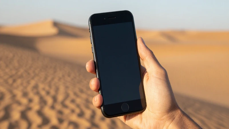 Teléfono en mano, luz cálida, desierto