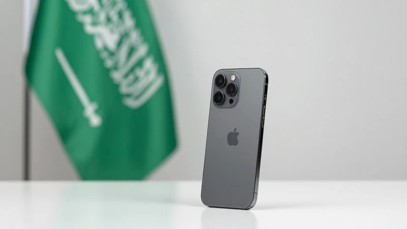 iPhone sobre mesa, bandera saudí difusa