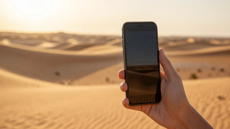 Teléfono móvil, desierto, luz dorada, enfoque suave