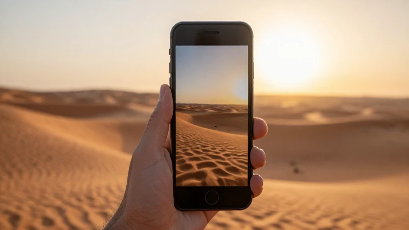 Smartphone en desierto saudí al atardecer