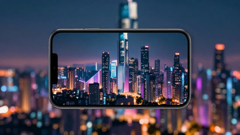 Ciudad futurista iluminada con móvil moderno