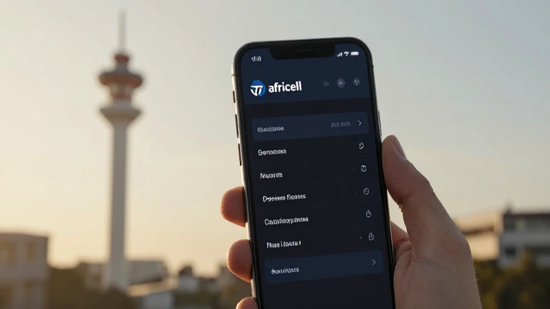 Smartphone con menú, torre Africell, luz cálida
