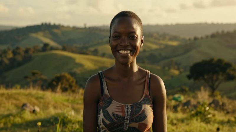 Sonrisa femenina en paisaje africano dorado