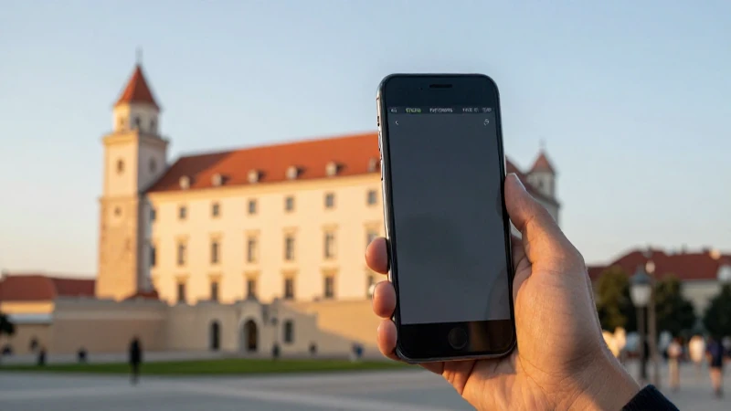 Teléfono, castillo de Bratislava al atardecer