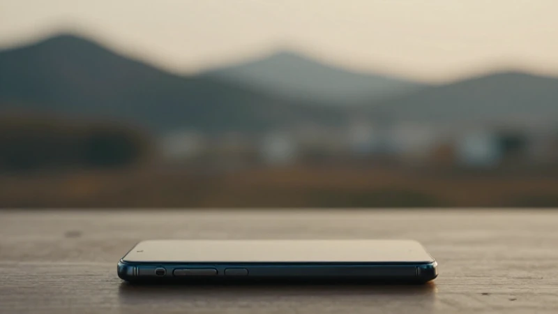 Smartphone sobre la mesa, paisaje borroso