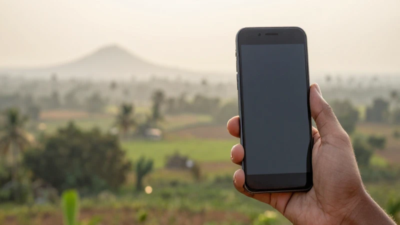 Teléfono móvil con paisaje soleado al fondo