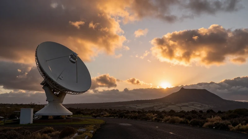 Atardecer dramático sobre Santa Elena, antena satelital