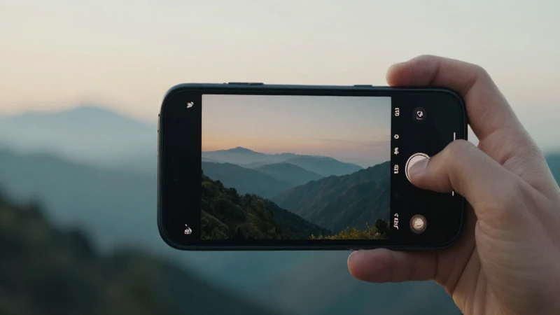 Smartphone con paisaje montañoso suavemente enfocado