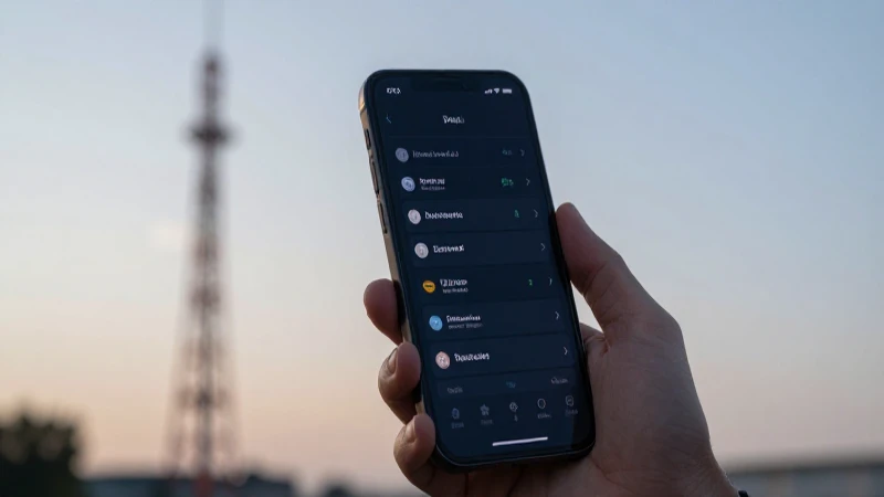 Smartphone muestra configuración, torre móvil al fondo