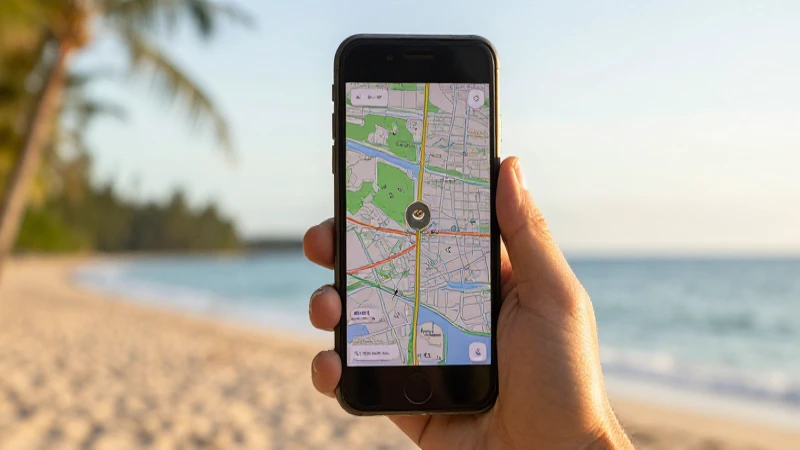 Mapa en smartphone, playa tropical radiante