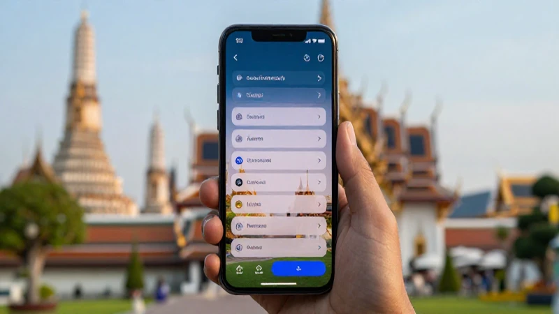 Teléfono inteligente con menú, templo tailandés resplandeciente