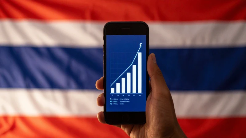 Smartphone muestra gráfico ante la bandera tailandesa