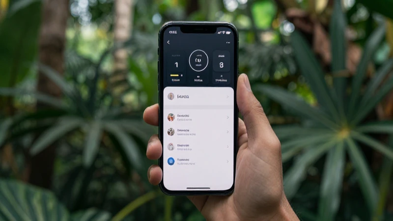 Teléfono inteligente en ajuste, follaje tropical suave