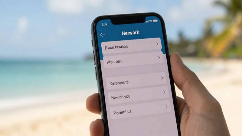 Smartphone muestra ajustes, playa al fondo