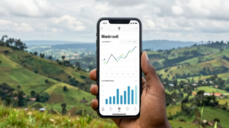 Teléfono muestra gráficos ante paisaje ugandés