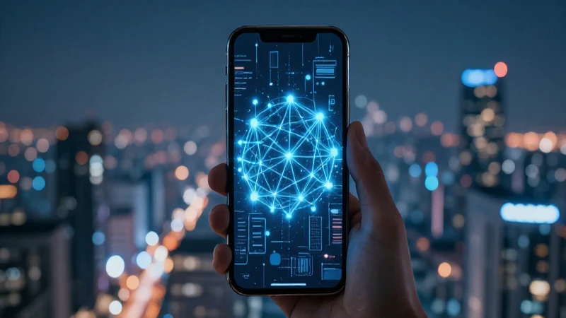 Teléfono móvil muestra ciudad futurista iluminada
