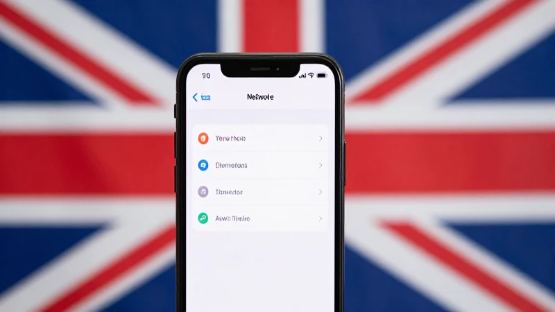 Teléfono móvil muestra ajustes británicos iluminado