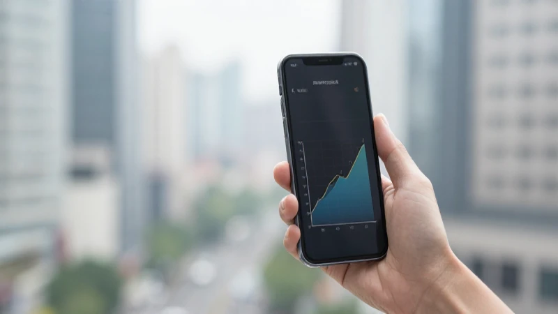 Gráfico en smartphone, fondo urbano difuminado