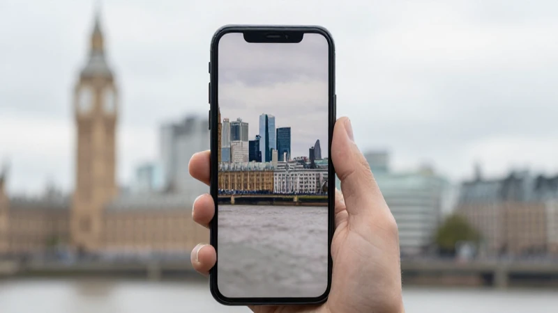 Smartphone con ciudad difusa, luz suave
