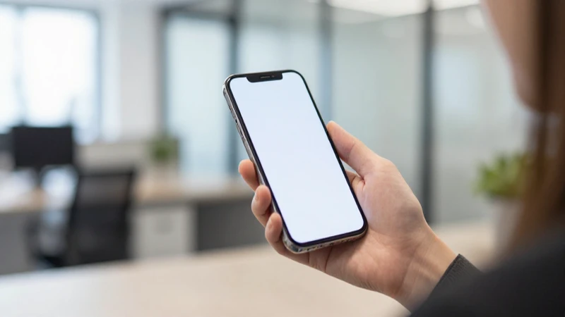 Persona con teléfono inteligente en oficina moderna