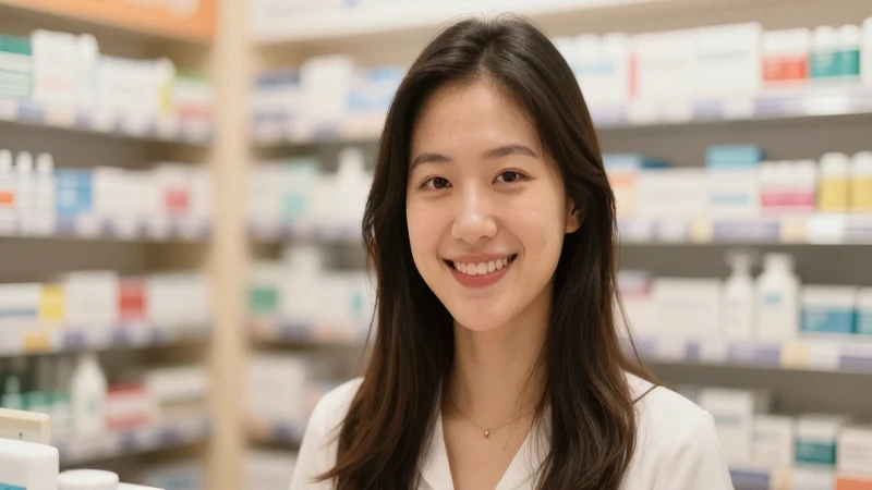 Mujer sonriendo, farmacia, luz suave y cálida