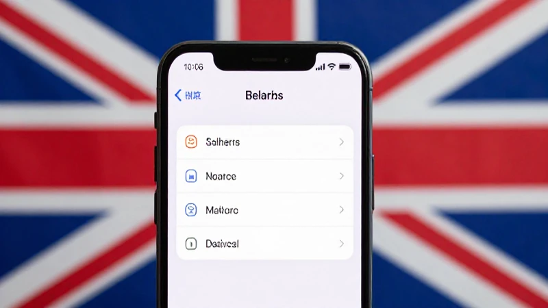 Menú de ajustes visible, fondo con bandera británica