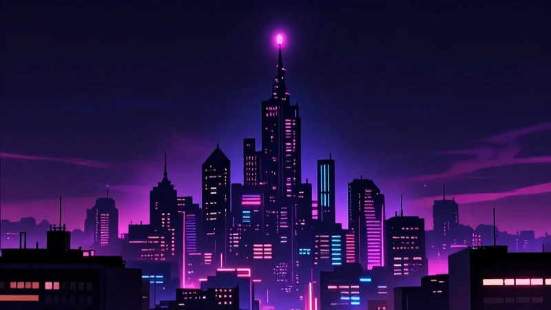 Silueta urbana futurista con luces neón vibrantes