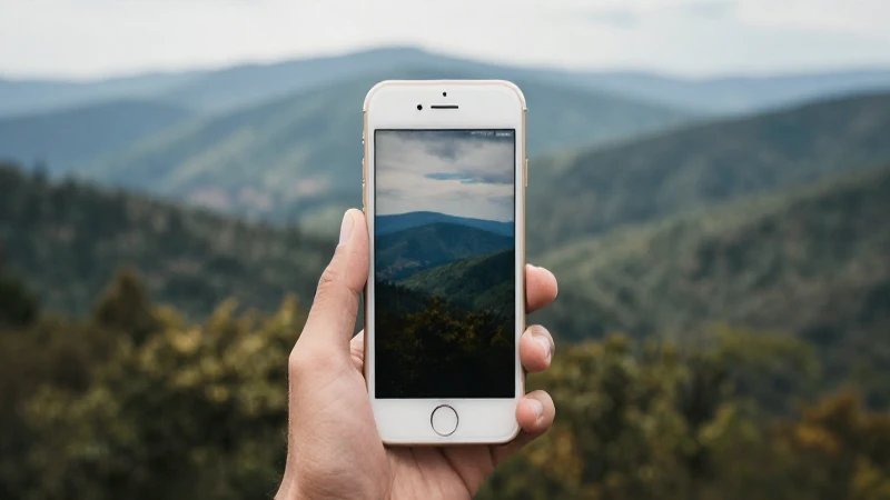 iPhone con paisaje montañoso suavemente iluminado