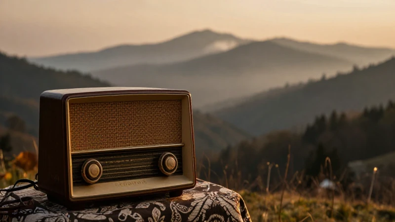 Radio antigua en montañas brumosas