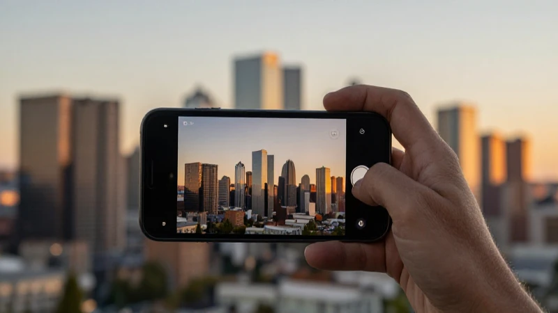 Horizonte urbano con smartphone, luz cálida