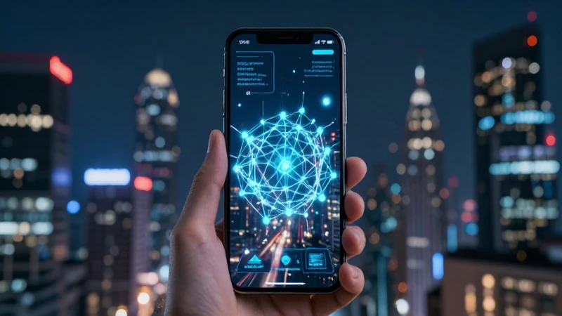 Ciudad futurista con red brillante en pantalla