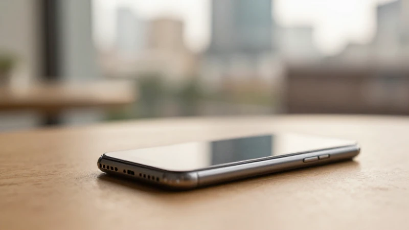 Smartphone sobre mesa, fondo urbano suave
