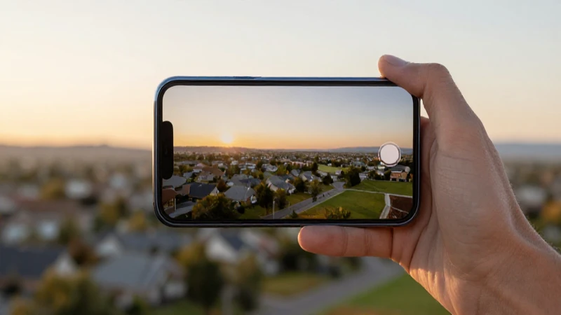 Smartphone en suburbio, luz dorada suave