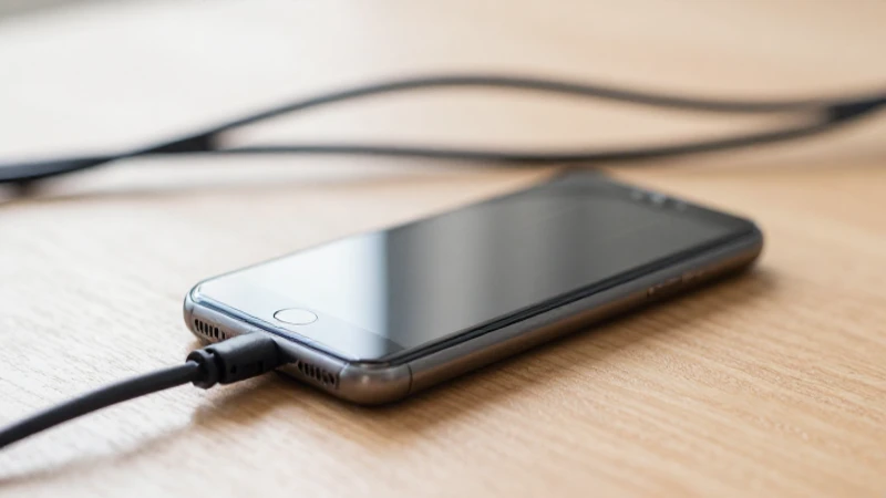 Teléfono inteligente sobre mesa con cables