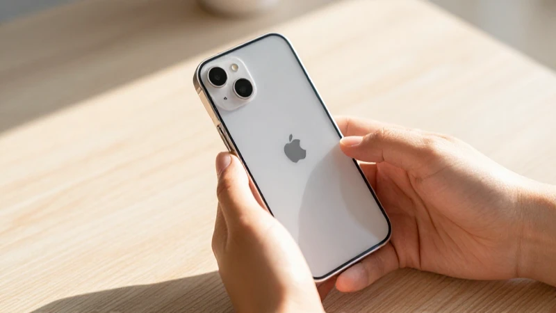 Manos sostienen iPhone 13 bajo luz brillante