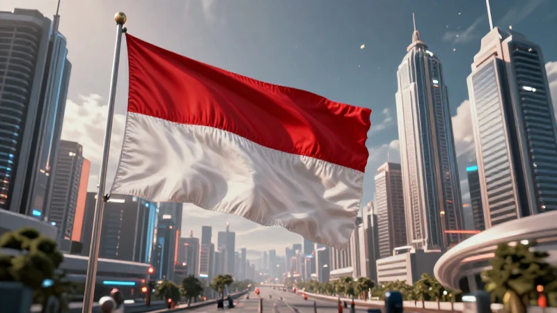 Ciudad futurista con bandera indonesia e iluminación cinematográfica