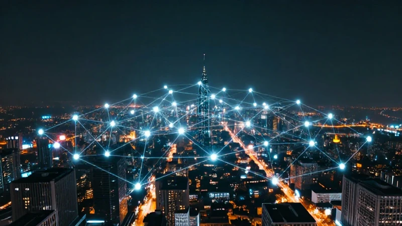 Ciudad futurista resplandeciente e iluminada cinematográficamente