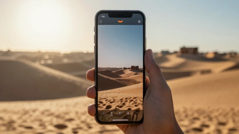 Teléfono muestra señal en paisaje yemení cálido