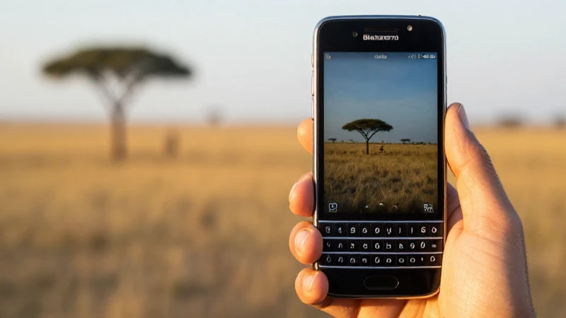Teléfono BlackBerry en sabana al atardecer