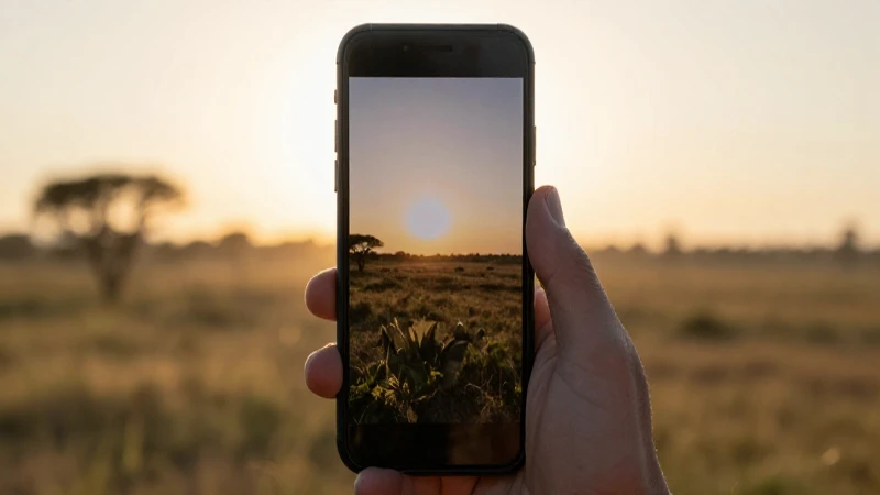Silueta zambiana al atardecer con móvil Android