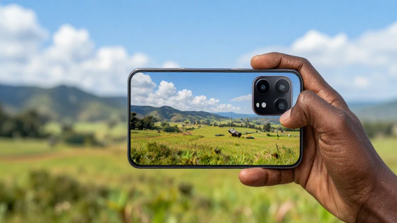 Smartphone vibrante contra paisaje zambiano