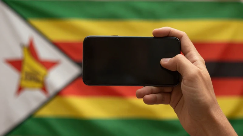 Smartphone en mano, bandera zimbabuense borrosa