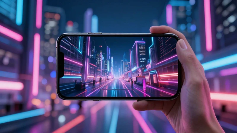 Smartphone moderno resalta en paisaje urbano neón