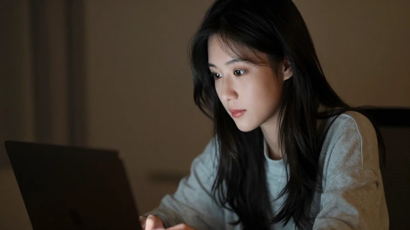 Mujer joven, pantalla luminosa y cálida