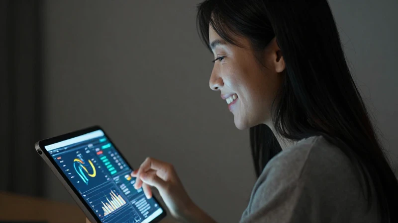 Mujer sonríe con gráficas en su tableta