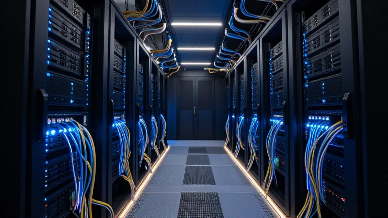 Sala de servidores futurista e iluminada intensamente