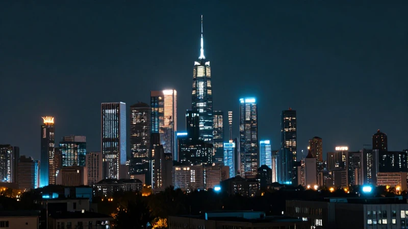 Silueta urbana futurista, luces brillantes impresionantes