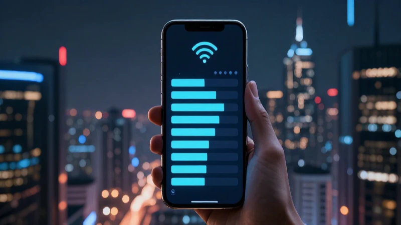 Teléfono muestra señal contra horizonte futurista