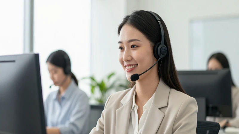 Atención al cliente sonriente, fondo suave