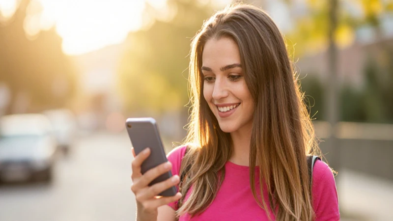 Joven sonríe al sol con móvil